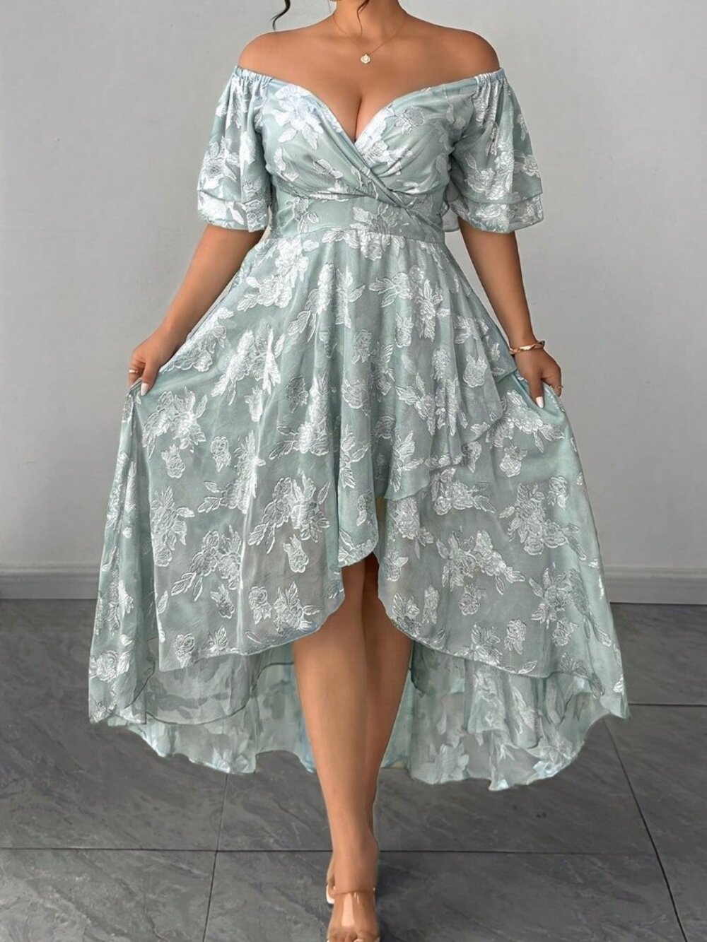 Mint Green Elegant Off-Shoulder Women's Plus Size Lace hi low Dress - Picture 4 of 5